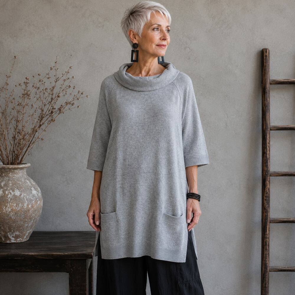 Chico's Gray Short Sleeve Cowl Neck Cotton Angora Tunic Sweater 3